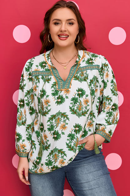 Plus Size Floral Patchwork Tassel Tie Blouse
