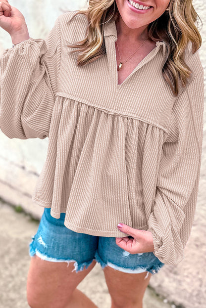 Corded V-Neck Bubble Sleeve Blouse