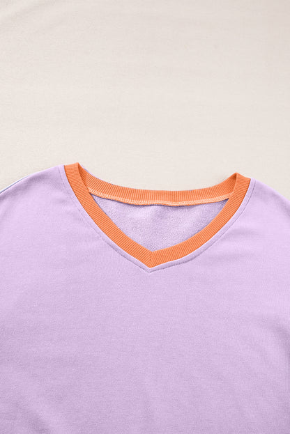 Colorblock Patchwork V-Neck Drop Shoulder Sweatshirt