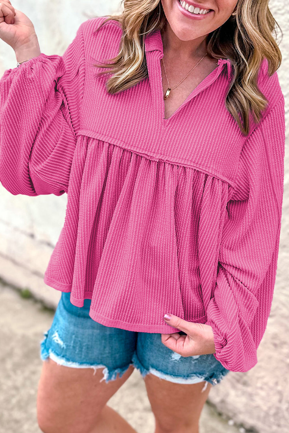 Corded V-Neck Bubble Sleeve Blouse