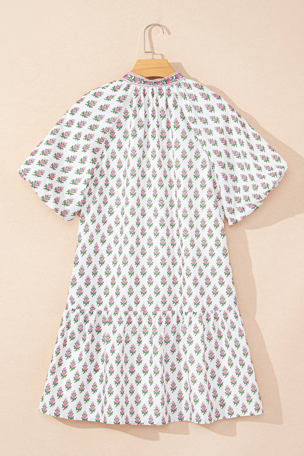 Floral Bubble Sleeve Tie Neck Ruffle Hem Dress