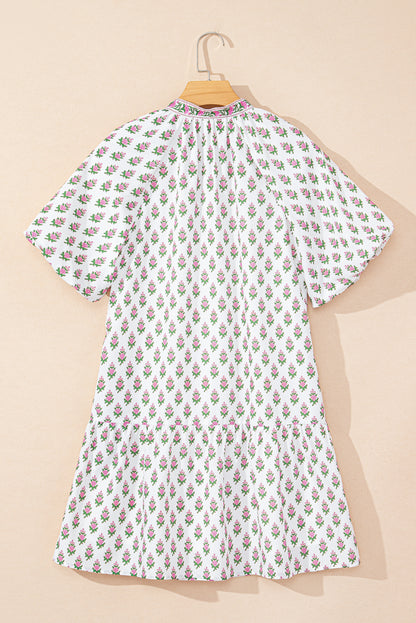 Floral Bubble Sleeve Tie Neck Ruffle Hem Dress