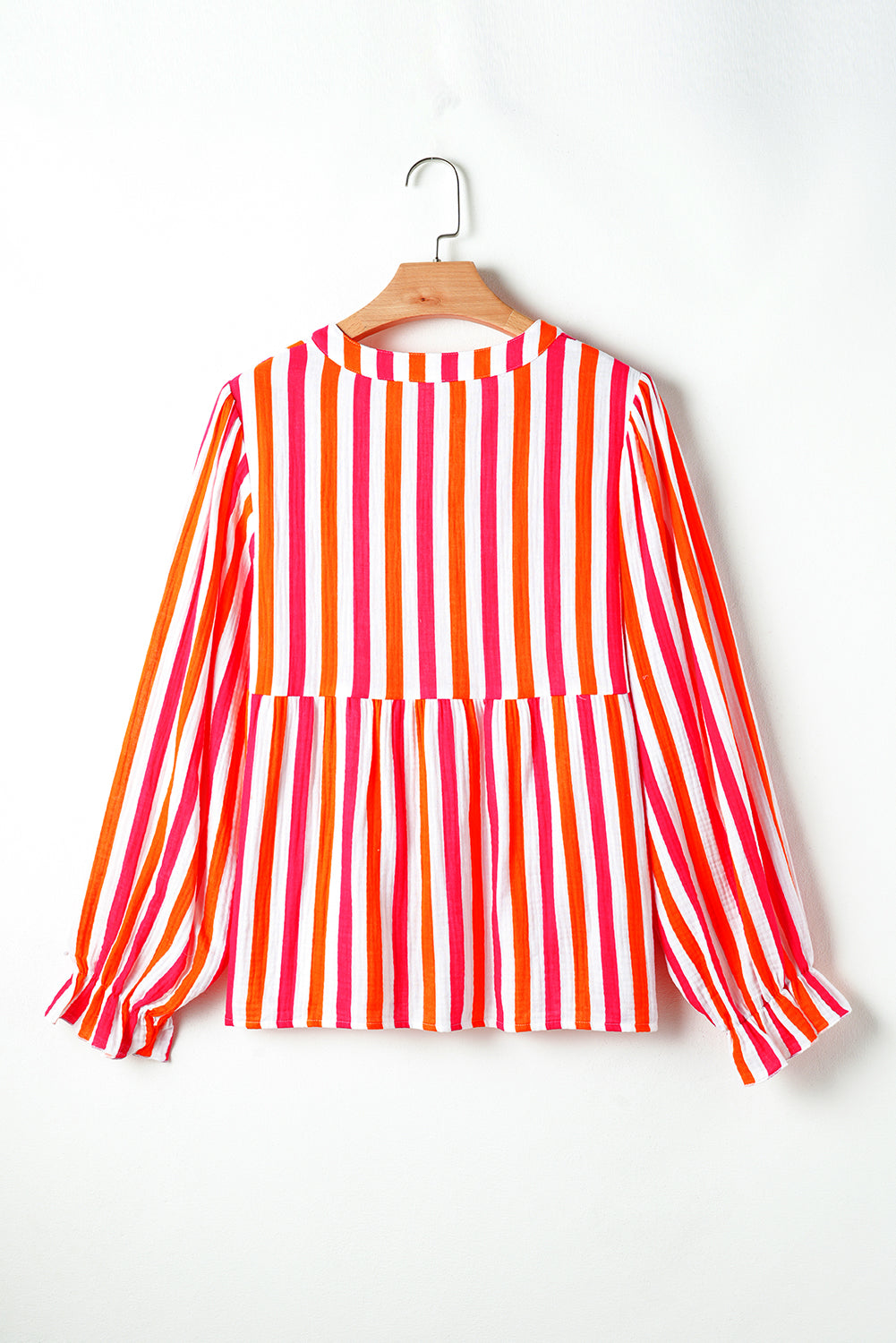 Stripe Balloon Sleeve V-Neck Blouse