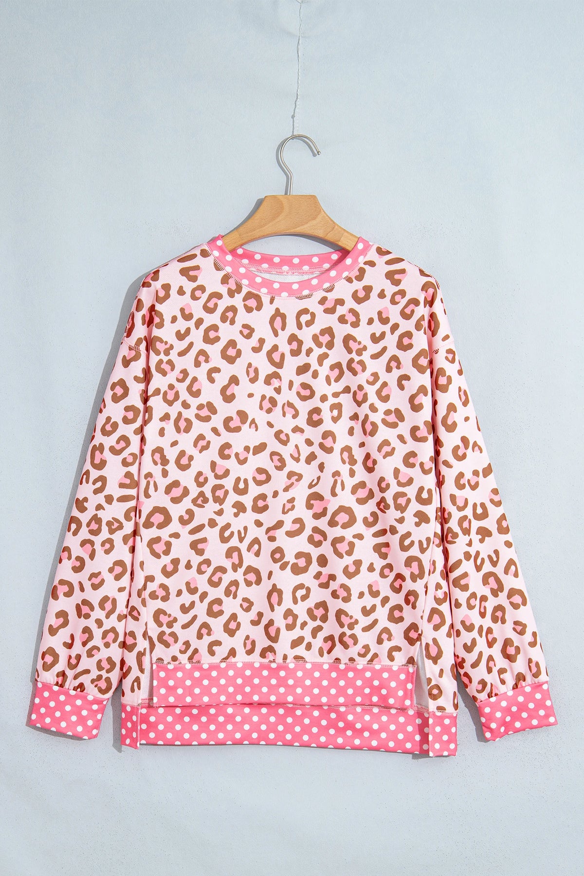 Leopard Polka Dot Colorblock Trim Long Sleeve Top