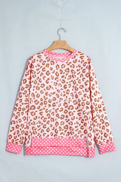 Leopard Polka Dot Colorblock Trim Long Sleeve Top