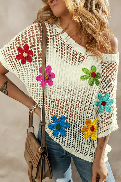 Floral Crochet Hollowed Knit T-Shirt