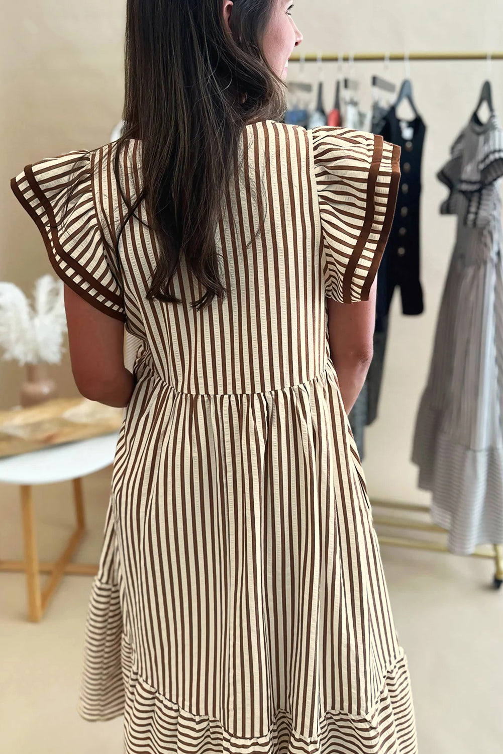 Stripe Ruffle Short Sleeve V-Neck Midi Dress