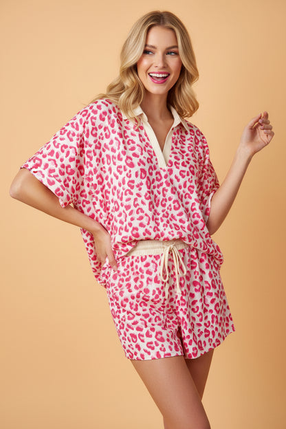 Leopard Collared V-Neck Top & Shorts Set
