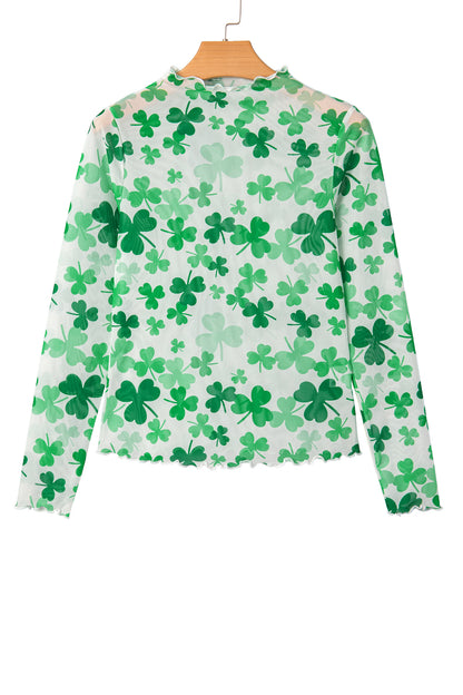 St Patrick Shamrock Lettuce Trim Mock Neck Top