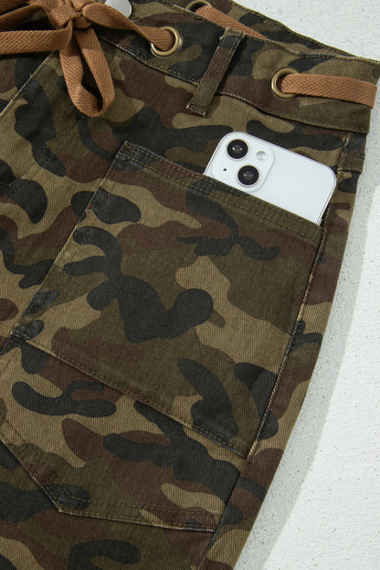 Camo Retro Grommet Tie Waist Loose Jeans