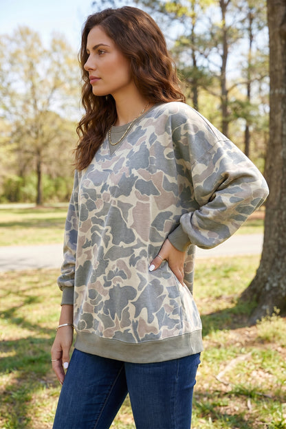 Camo Ribbed Trim Crew Neck Pullover Sweatshirt