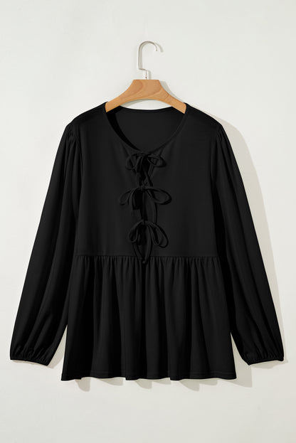 Plus Size Solid Bow Tie Front Long Sleeve Blouse
