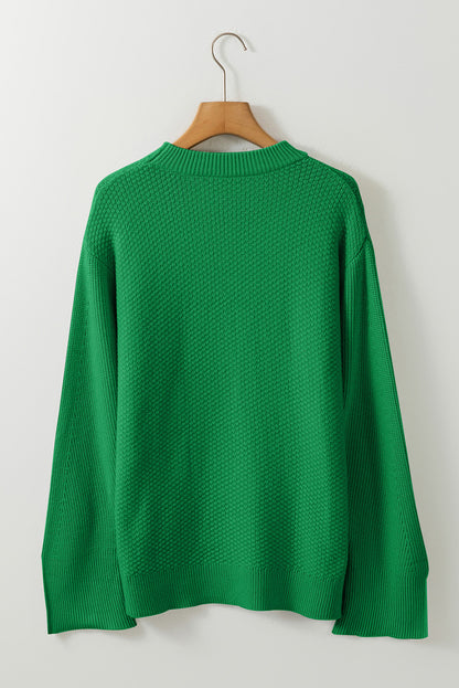 Solid Textured Knit Split Cuff Drop Shoulder Sweater