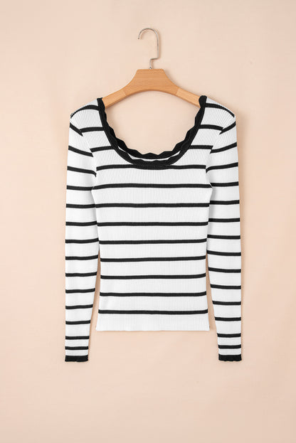 Stripe Scalloped Scoop Neck Ribbed Knit Sweater