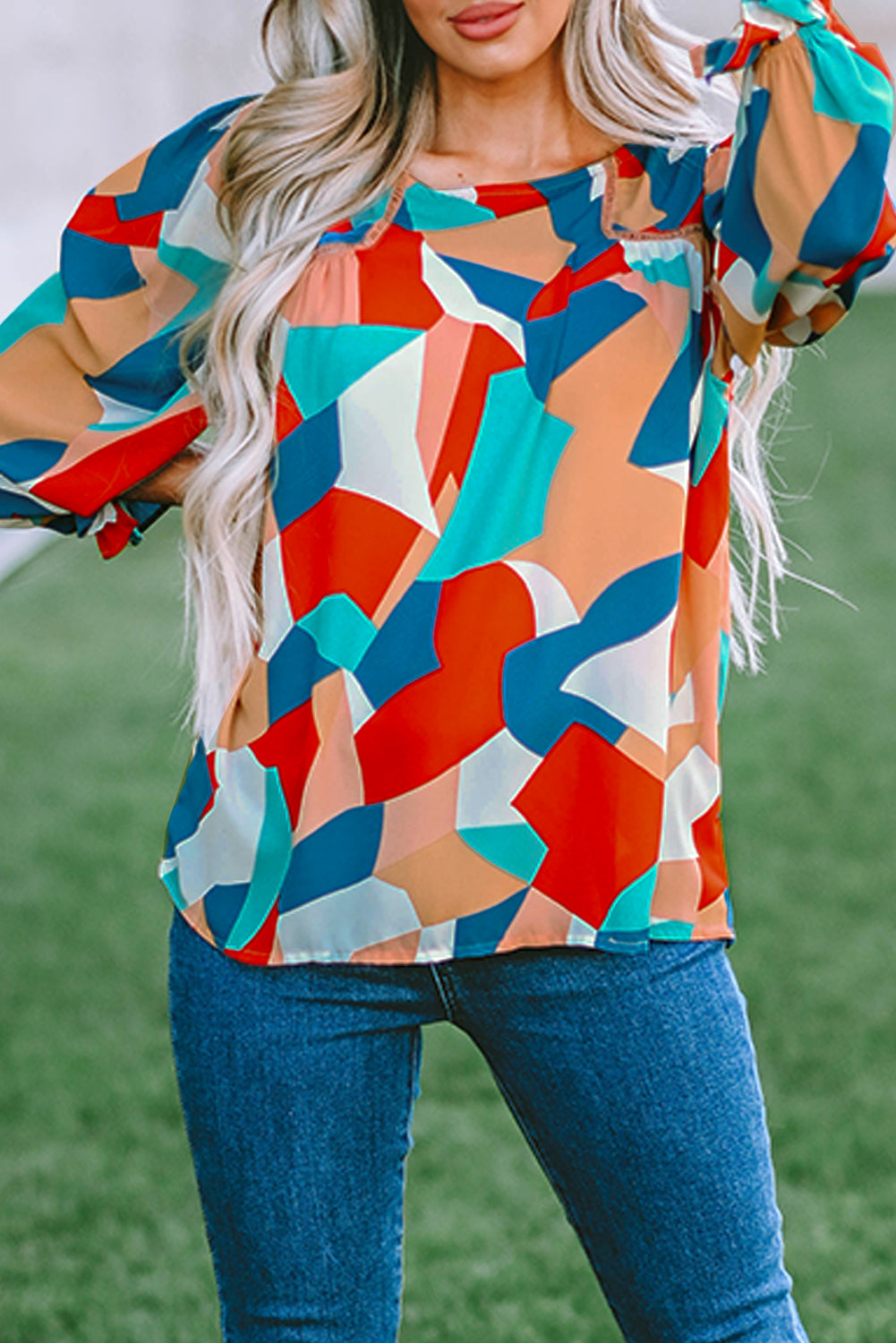 Abstract Ruffle Puff Sleeve Blouse