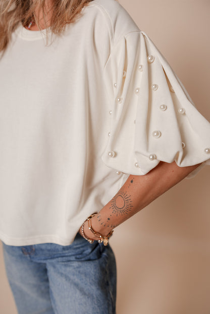 Pearl Puff Sleeve Round Neck Top