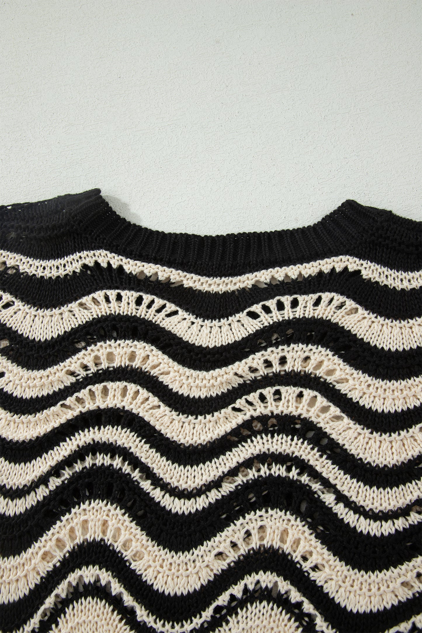 Wavy Stripe Ruffle 3/4 Sleeve Crochet Sweater