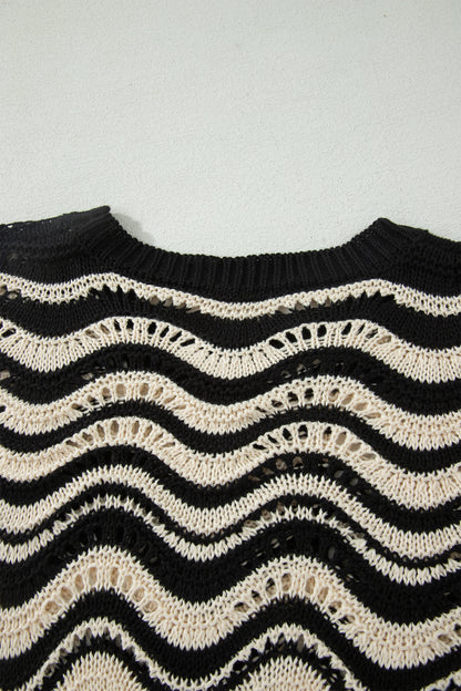 Wavy Stripe Ruffle 3/4 Sleeve Crochet Sweater