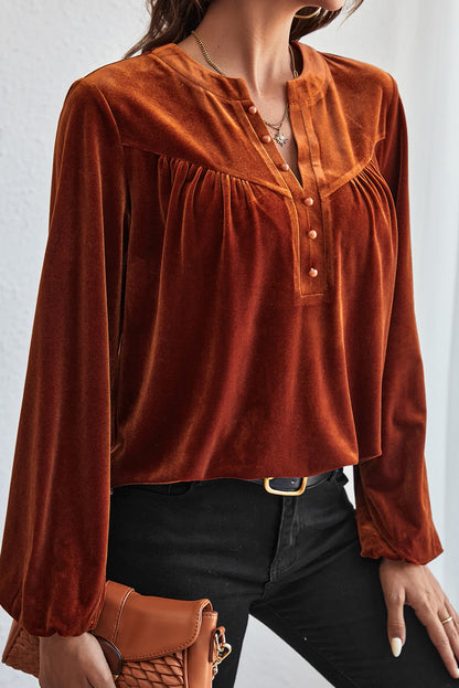 Velvet Lantern Sleeve V-Neck Top