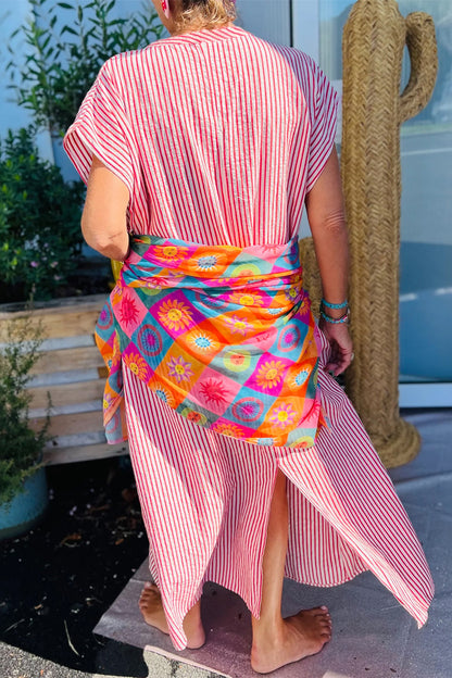 Stripe Frilled Half Buttoned Maxi Dress