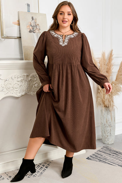 Plus Size Textured Corduroy Embroidered Neckline Midi Dress