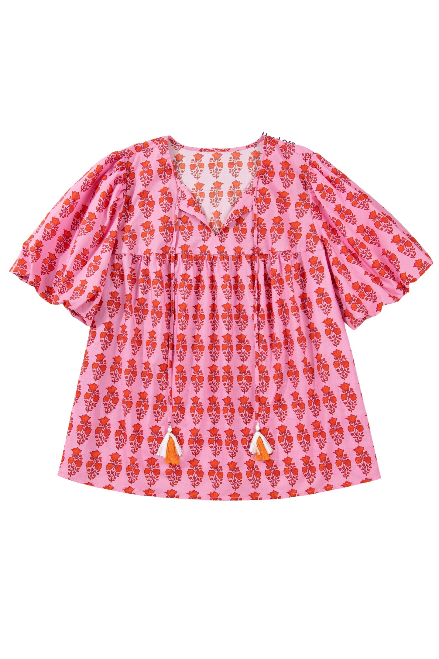 Plus Size Floral Tassel Tie Puff Sleeve Blouse