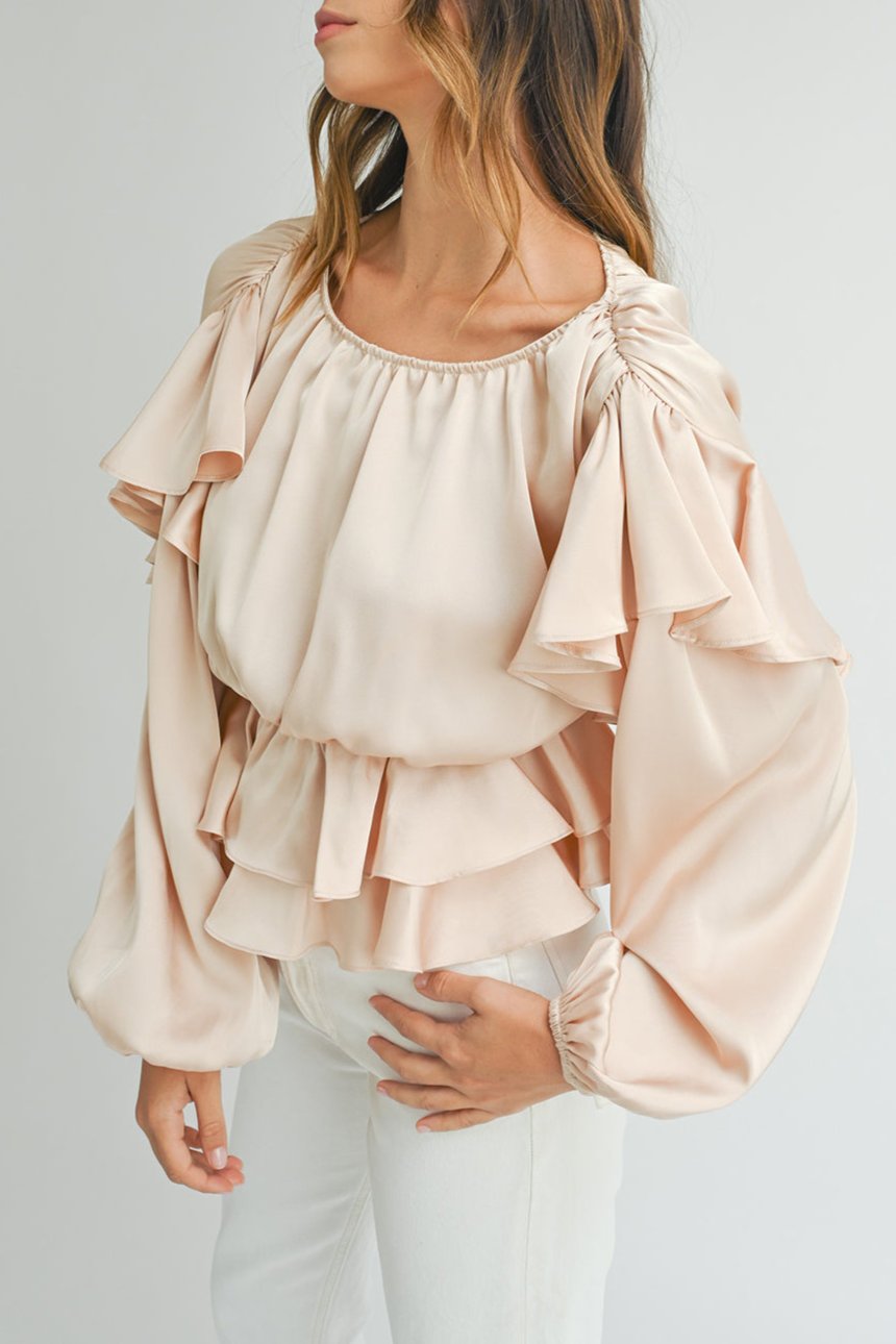 Ruffle Keyhole Back Peplum Blouse