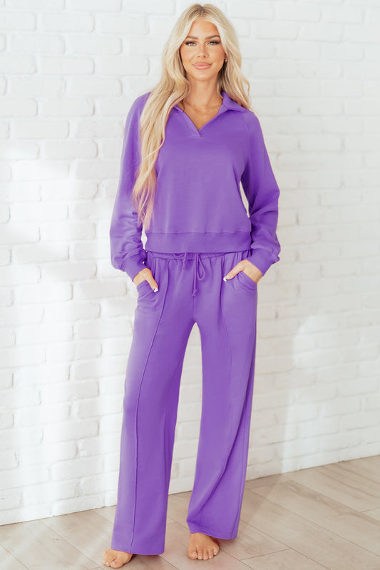 Solid Collared Top and Central Seam Pants Set