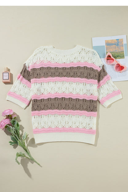 Stripe Crochet Short Sleeve Sweater