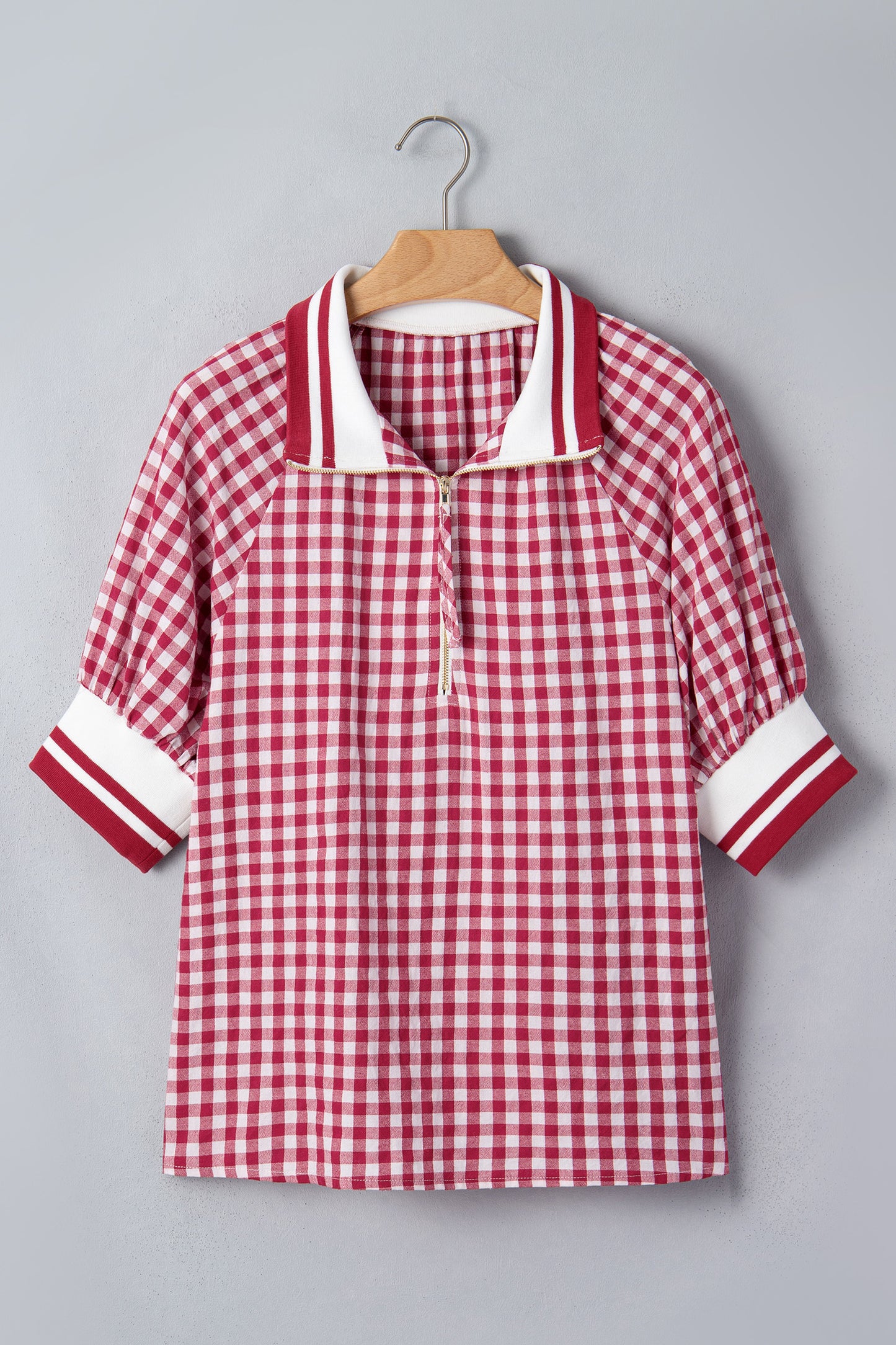 Gingham Stripe Patchwork Half Zip Collared Blouse