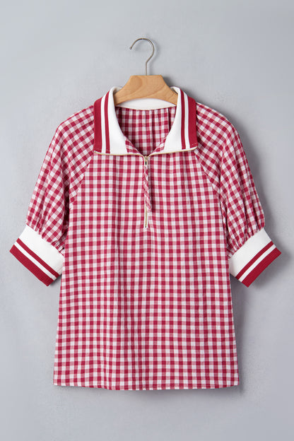 Gingham Stripe Patchwork Half Zip Collared Blouse