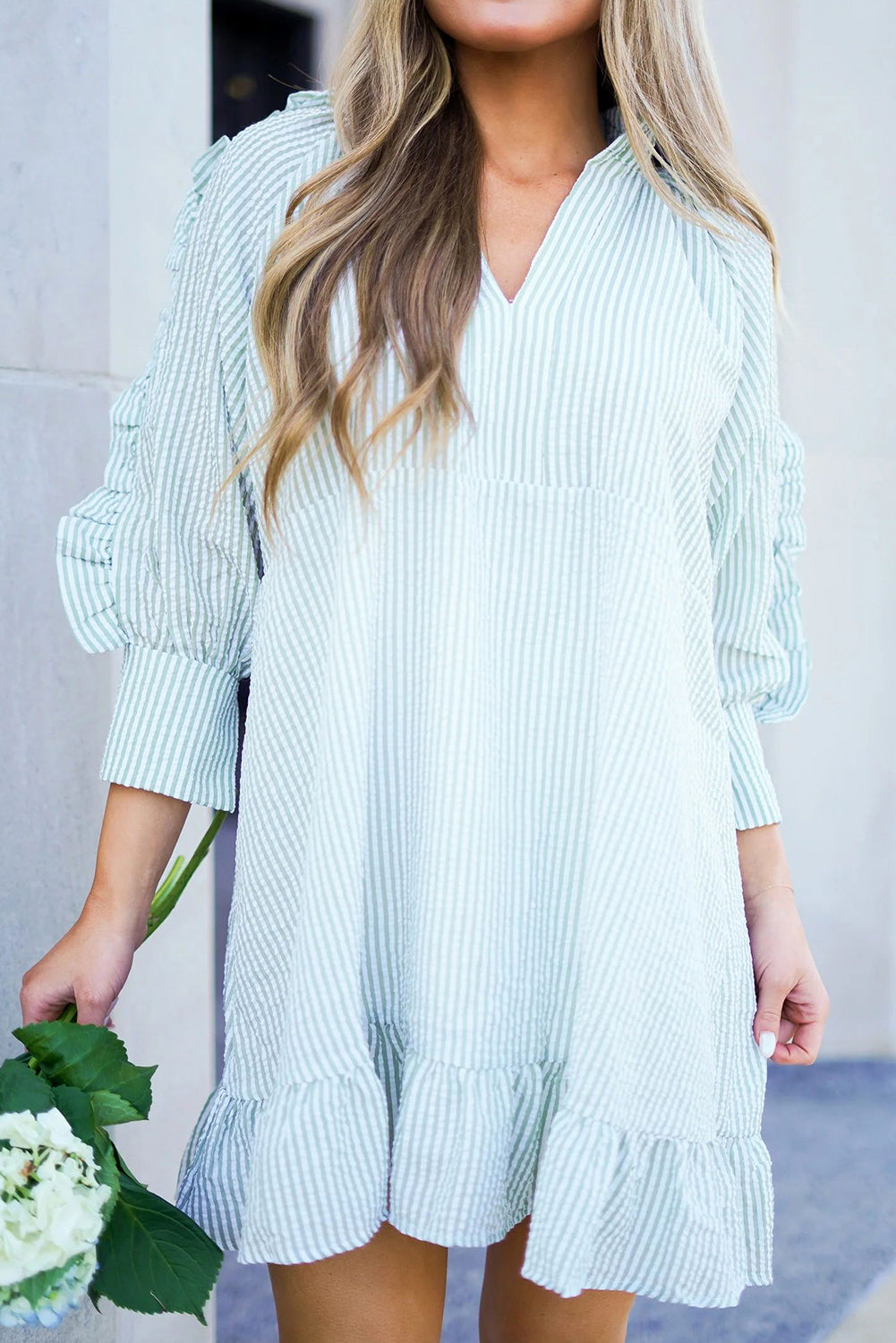 Stripe Ruffle 3/4 Sleeve Mini Dress