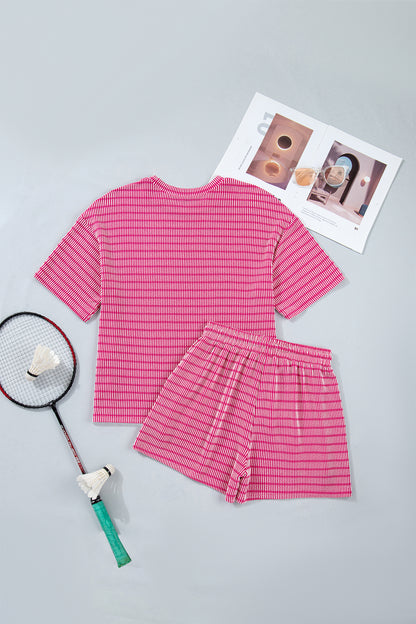 Stripe Corded Knit Tee & Drawstring Short Set