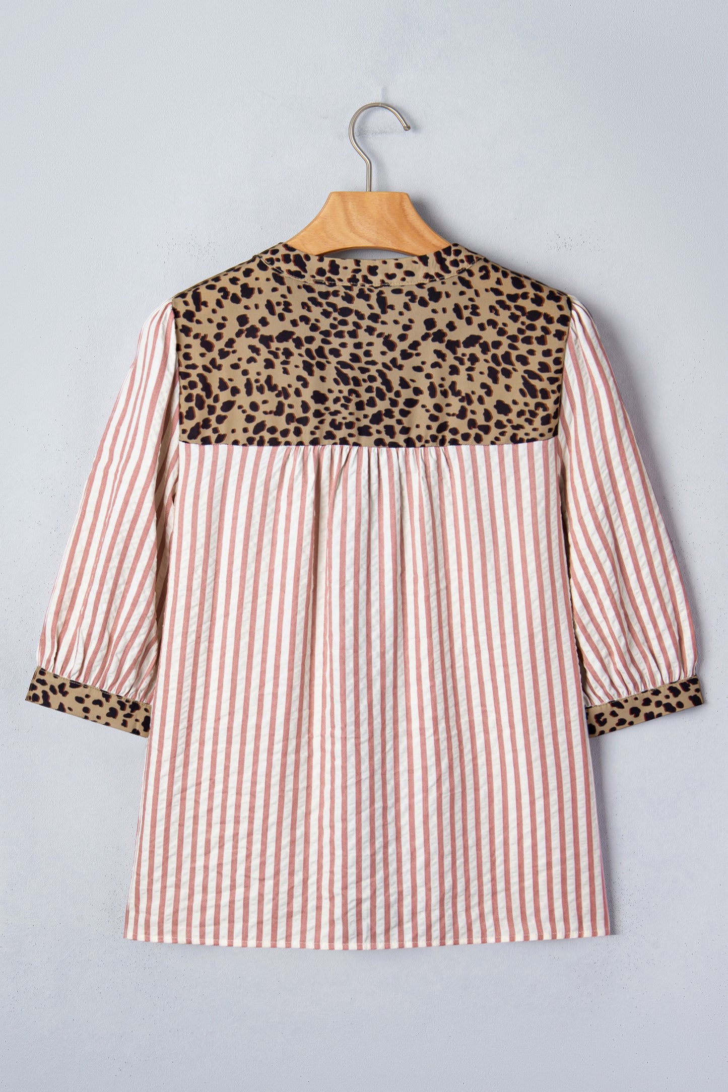 Stripe Leopard Trim V-Neck Buttoned Short Sleeve Shirt