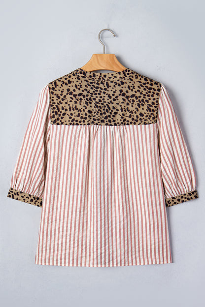 Stripe Leopard Trim V-Neck Buttoned Short Sleeve Shirt