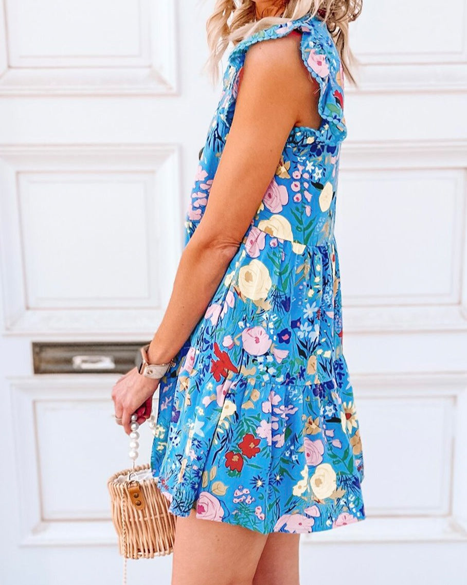 Floral Flutter Sleeve V-Neck Dress