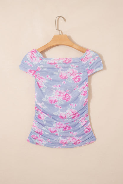 Floral Mesh Square Neck Cap Sleeve Ruched Top