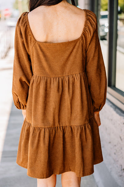 Corduroy Puff Sleeve Tiered Dress