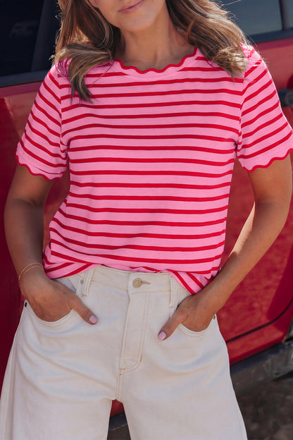 Stripe Scallop Trim Round Neck T-Shirt