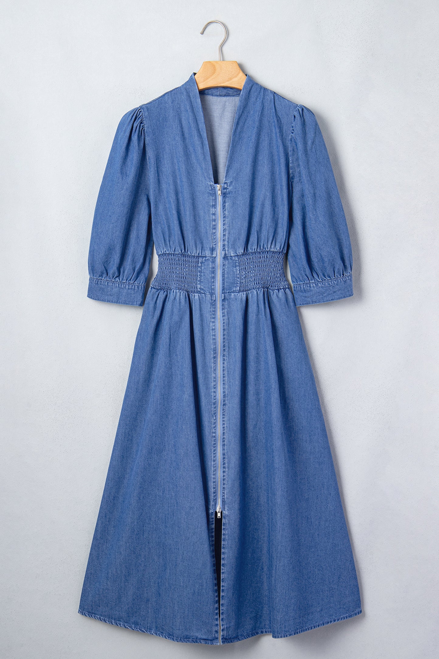 Denim Shirred Waist Zip-Up V-Neck Midi Dress