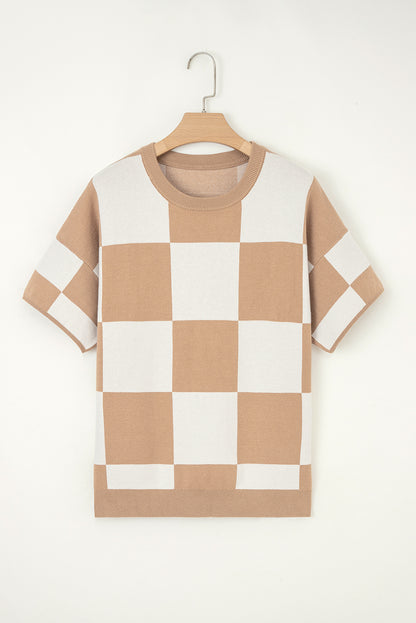 Checker Short Sleeve Drop Shoulder Sweater