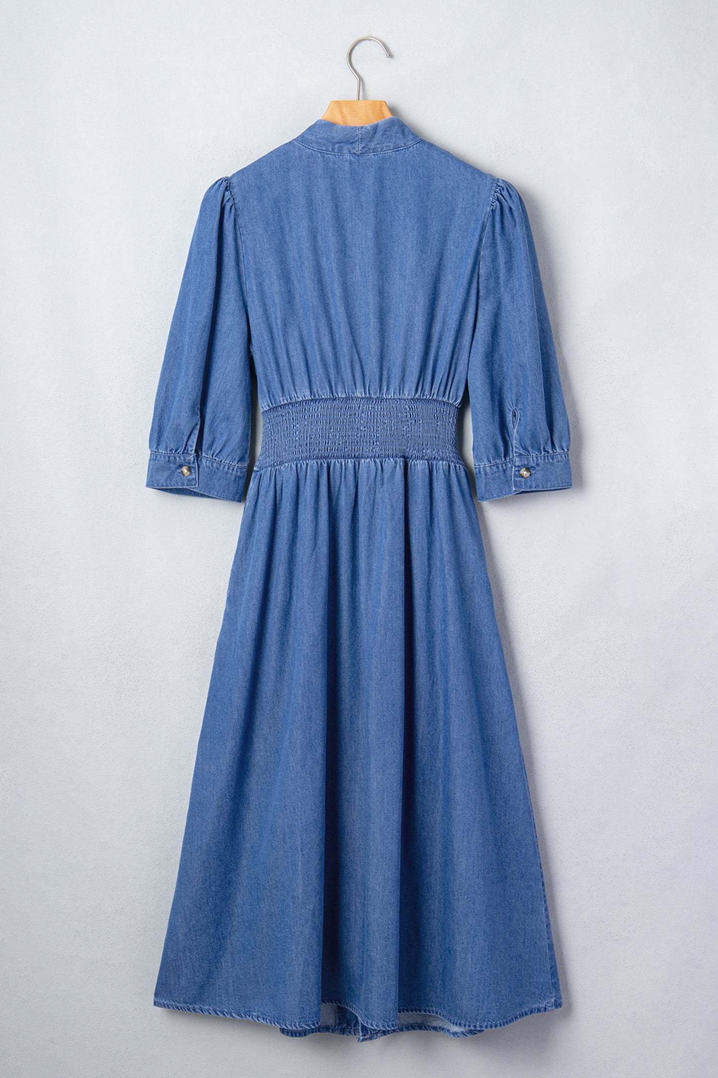 Denim Shirred Waist Zip-Up V-Neck Midi Dress