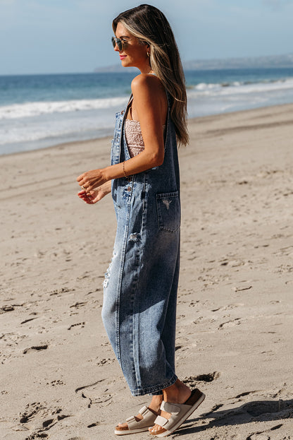 Solid Denim Distressed Bib Pocket Wide Leg Overall