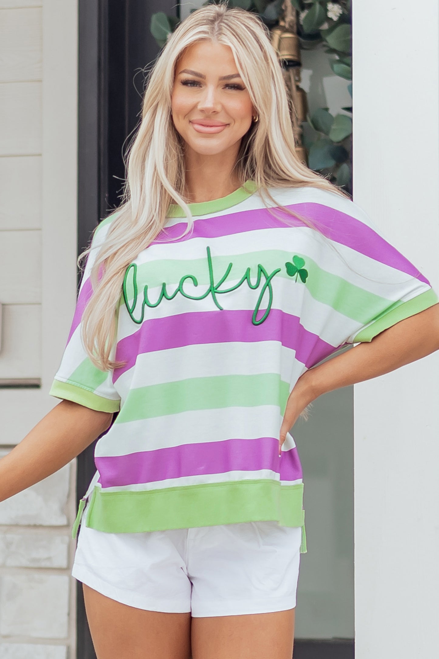 Stripe Lucky Clover Embroidered Dolman Sleeve Tee
