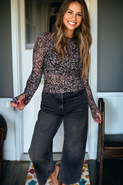 Ditsy Floral Mesh Thumbhole Sleeve Top