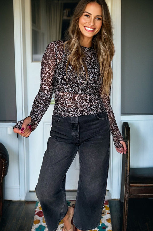 Ditsy Floral Mesh Thumbhole Sleeve Top