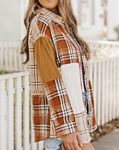 Colorblock Plaid Cable Pocketed Shacket