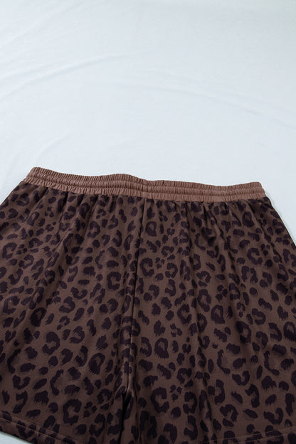 Plus Size Leopard Collared Top & Drawstring Shorts Set