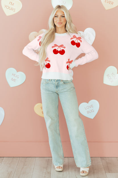 Valentine Bow Tie Cherry Drop Shoulder Sweater