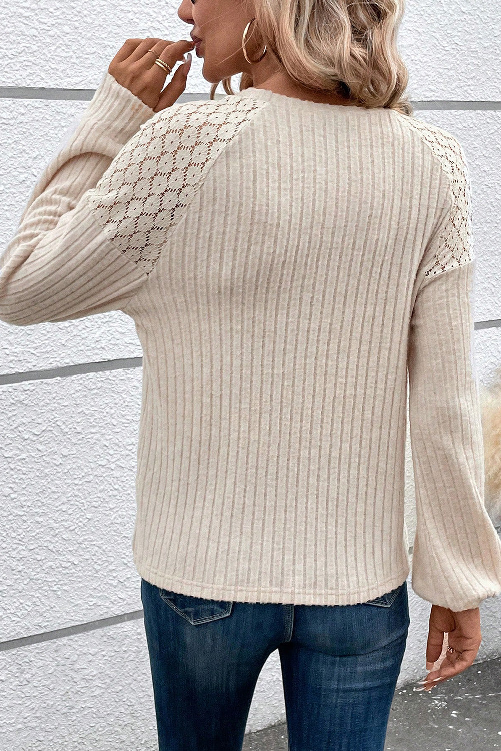 Ribbed Lace Raglan Sleeve Top